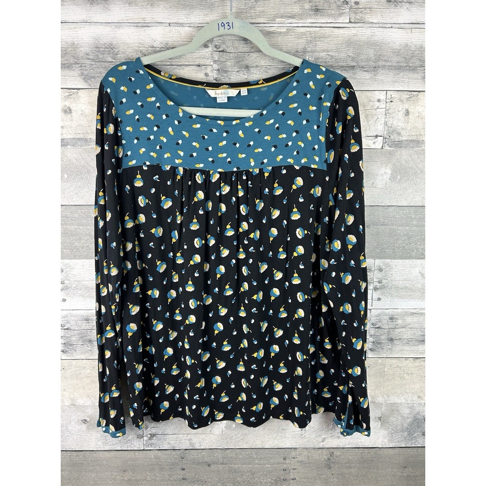 Boden Black Long-Sleeve Tee with Teal Yoke and Yellow Floral Pattern Size 14